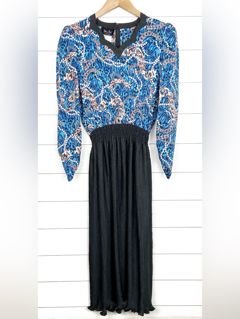 Diane Freis 1980s Vintage Dress Blue Black Pearl Chain Link Print Pleated